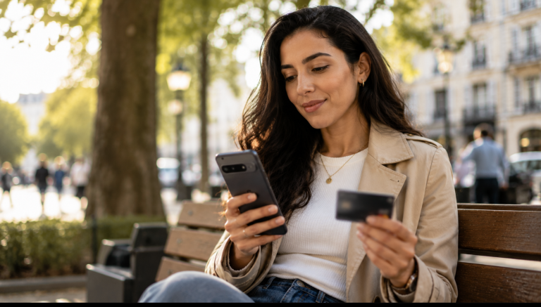 Femme qui effectue une recharge Lycamobile